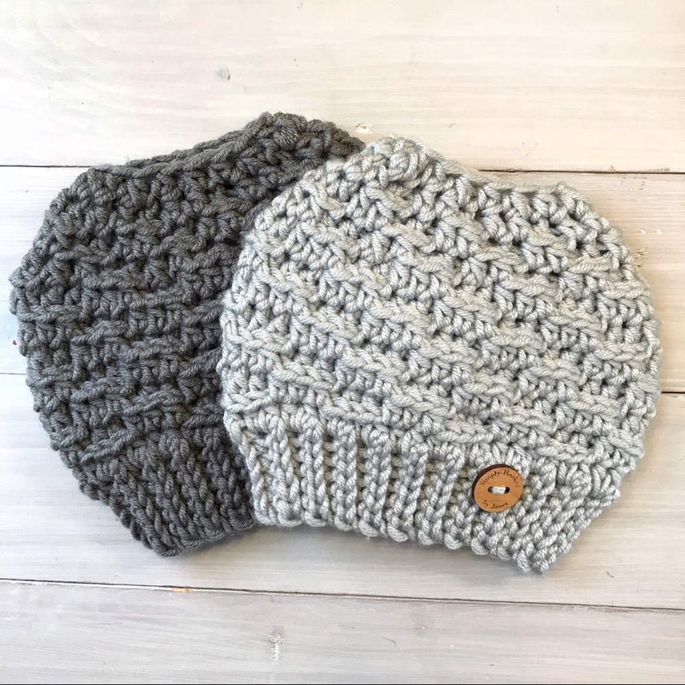 Lt Gray Silver Adult Crochet Messy Bun Hat Beanie